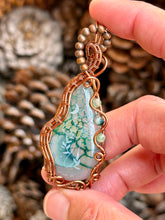 Load image into Gallery viewer, Artisan cab (marina rabinskaya) green dragon vein (mushie etched) agate with green aventurine + tree agate gem accents wire wrapped pendant necklace
