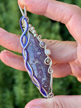 Load image into Gallery viewer, Artisan cab (positive rocks) grape agate with purple mookaite + pearl gem accents wire wrapped pendant necklace
