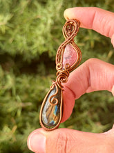 Load image into Gallery viewer, Rhodochrosite + labradorite double decker wire wrapped pendant necklace
