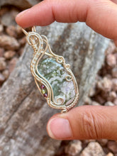 Load image into Gallery viewer, Peace jade with garnet + peridot gem accents wire wrapped pendant necklace
