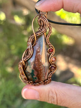 Load image into Gallery viewer, ARTISAN STONE (sunset lapidary) Idaho Sunset Seam Agate with Mookaite + carnelian gem accents wire wrapped pendant necklace
