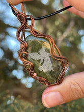 Load image into Gallery viewer, ARTISAN STONE (Marina Rabinskaya) Green Vesuvianite with rhodochrosite + peridot gem accents wire wrapped pendant necklace
