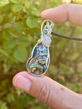 Load image into Gallery viewer, Abalone with aquamarine + blue apatite gem accents wire wrapped pendant necklace
