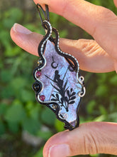 Load image into Gallery viewer, Artisan cab (Marina rabinskaya) Lepidolite Mica with pyrite, ruby,  onyx gem accents wire wrapped pendant necklace
