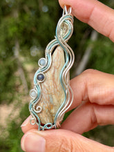 Load image into Gallery viewer, Artisan cab (positive rock) common blue opal with Angelite + sapphire gem accents wire wrapped pendant necklace
