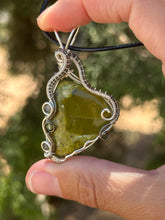 Load image into Gallery viewer, Artisan cab (johari gems) green opal with rutile quartz + peridot gem accents wire wrapped pendant necklace
