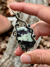 Load image into Gallery viewer, Artisan cab (johari gems) kammererite with blue goldstone + labradorite gem accents wire wrapped pendant necklace
