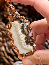 Load image into Gallery viewer, Artisan cab (positive rock) porcelain jasper with mother of pearl, red mookaite, lepidolite gem accents wire wrapped pendant necklace
