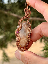 Load image into Gallery viewer, Belomorite Sunstone with citrine and ruby gem accents wire wrapped pendant necklace
