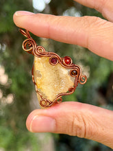 Load image into Gallery viewer, Artisan cab (positive rock) druzy carnelian with garnet + tiger eye, carnelian gem accents wire wrapped pendant necklace
