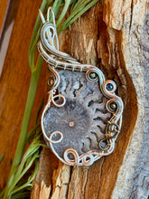 Load image into Gallery viewer, Ammonite with pyrite + sapphire gem accents wire wrapped pendant necklace
