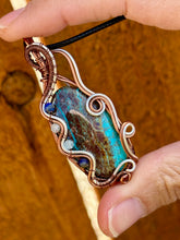Load image into Gallery viewer, RESERVED FOR CHERI F DUO TONED WIRE Chrysocolla/Shattuckite with lapis lazuli + aquamarine inclusions wire wrapped pendent

