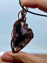 Load image into Gallery viewer, ARTISAN CAB (flintstone studio) Indonesian purple moss agate with amethyst + garnet inclusions wire wrapped pendant necklace
