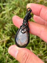 Load image into Gallery viewer, Chocolate Moonstone with Garnet gem Accent wire wrapped pendant necklace
