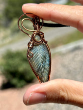 Load image into Gallery viewer, RESERVED FOR KIVA B - CHAIN UPGRADE Labradorite Carved Leaf  Wire Wrapped Pendent Necklace
