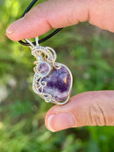 Load image into Gallery viewer, Lepidolite with amethyst gem accents tree of life wire wrapped pendant necklace

