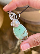Load image into Gallery viewer, Chrysoprase with pearl inclusions wire wrapped pendant necklace
