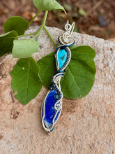 Load image into Gallery viewer, Kingman turquoise + lapis lazuli double decker wire wrapped pendant necklace
