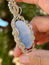 Load image into Gallery viewer, Blue owhyee opal with aquamarine + rose quartz gem accents wire wrapped pendant necklace
