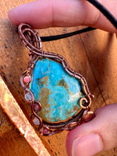 Load image into Gallery viewer, Reserved for Jennifer p Sky turquoise with Ethiopian Opal + Ruby Gem Inclusions Wire Wrapped Pendent Necklacee
