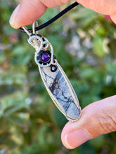 Load image into Gallery viewer, Picasso Jasper with amethyst gem accent wire wrapped pendant necklace
