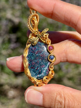 Load image into Gallery viewer, Ruby in kyanite with sapphire + Ruby gem accent wire wrapped pendant necklace
