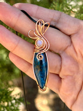 Load image into Gallery viewer, Azurite with moonstone inclusion wire wrapped pendant talisman necklace
