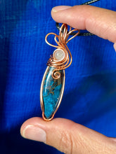 Load image into Gallery viewer, Azurite with moonstone inclusion wire wrapped pendant talisman necklace
