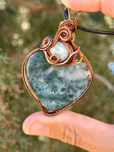 Load image into Gallery viewer, Moss agate with larimar gem accent wire wrapped pendant necklace
