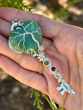Load image into Gallery viewer, Green aventurine heart with ruby in zoisite inclusions skeleton key wire wrapped pendant talisman necklace
