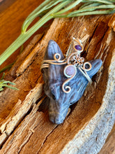 Load image into Gallery viewer, Sodalite wolf with amethyst + lepidolite gem accents wire wrapped pendant necklace
