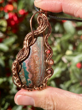 Load image into Gallery viewer, ARTISAN STONE (sunset lapidary) Idaho Sunset Seam Agate with Mookaite + carnelian gem accents wire wrapped pendant necklace
