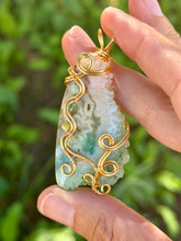 Load image into Gallery viewer, Artisan cab (positive rock) rainbow solar quartz druzy with Amazonite, green mica, serpentine, blue kyanite gem accents wire wrapped pendant necklace
