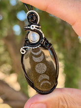 Load image into Gallery viewer, Artisan cab (Marina rabinskaya) Golden sheen obsidian “moon phases” with selenite gem accents wire wrapped pendant necklace
