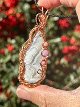 Load image into Gallery viewer, ARTISAN STONE (positive rocks) White tube agate with Rhodonite + lepidolite gem accent wire wrapped pendent necklace
