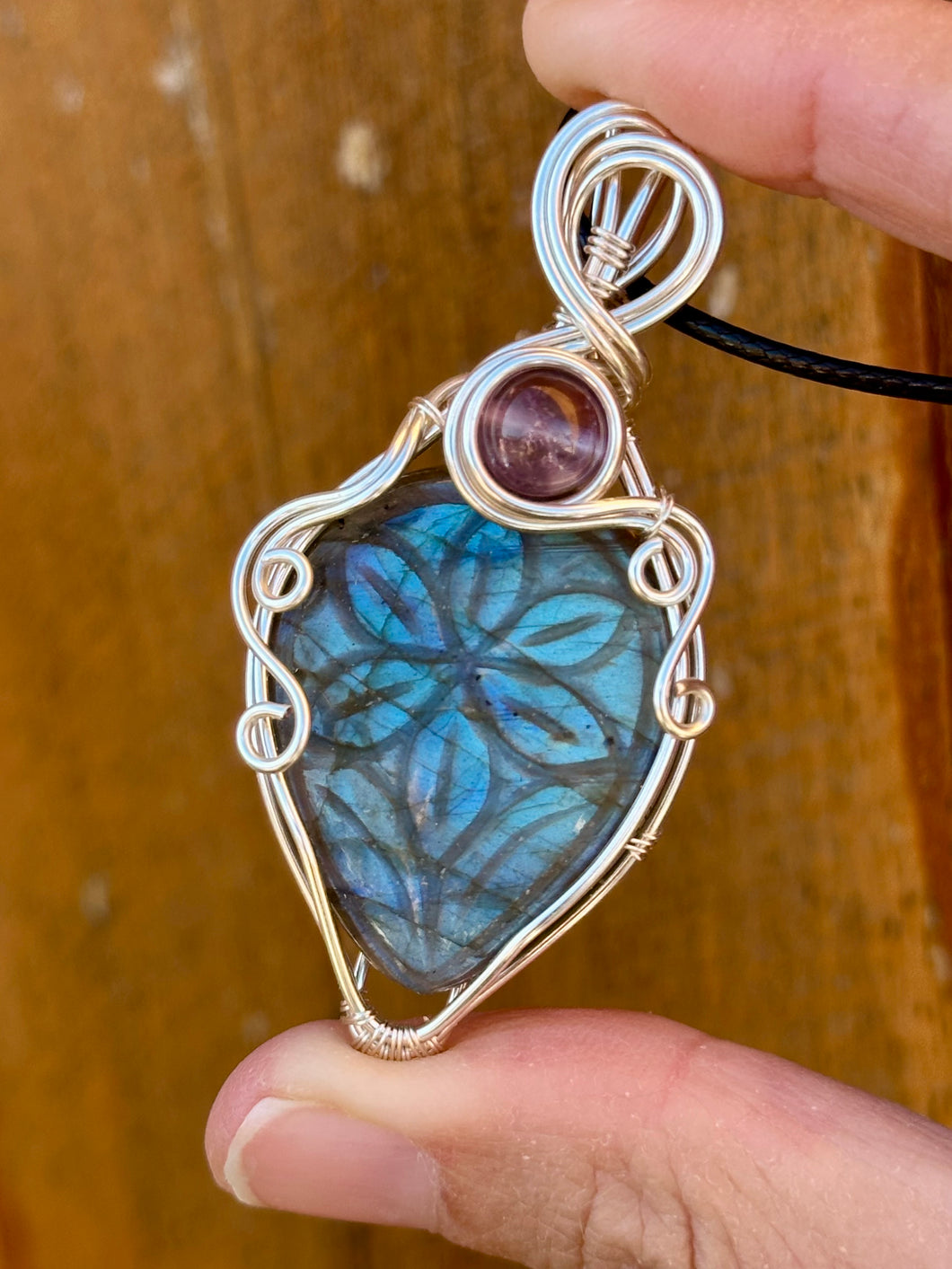 DESIGNER CAB CARVED labradorite with super 7 inclusions Wire wrapped pendant