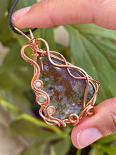 Load image into Gallery viewer, Artisan cab (Ibrahim Opic) Indonesian red moss agate with peach moonstone + amazonite inclusions wire wrapped pendant necklace
