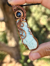 Load image into Gallery viewer, Raw Amazonite with Blue Kyanite gem accent wire wrapped pendant necklace
