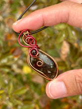 Load image into Gallery viewer, Eudialyte with obsidian gem accent wire wrapped pendant necklace
