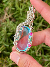 Load image into Gallery viewer, Angel aura quartz with pink agate + sea sediment jasper gem accents wire wrapped pendant necklace
