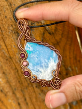 Load image into Gallery viewer, ARTISAN cab (flintstone studio) Aurora Opal Plume Agate Doublet with Ruby + Rhodonite inclusions wire wrapped pendant talisman necklace
