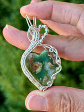 Load image into Gallery viewer, Chrysoprase with rhodochrosite + peridot gem accents wire wrapped pendant necklace
