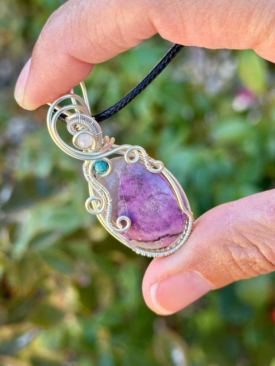 Pink cobalt calcite with moonstone + turquoise  gem accent wire wrapped pendant necklace