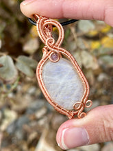 Load image into Gallery viewer, Moonstone with amethyst inclusion Wire wrapped pendant
