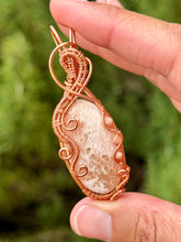 Load image into Gallery viewer, Pink scolecite with peach moonstone + rose quartz gem accents wire wrapped pendant necklace
