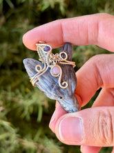 Load image into Gallery viewer, Sodalite wolf with amethyst + lepidolite gem accents wire wrapped pendant necklace
