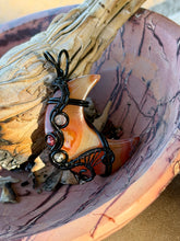 Load image into Gallery viewer, Artisan cab (positive rock) carnelian moon with rutile quartz + garnet gem accents wire wrapped pendant necklace
