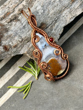 Load image into Gallery viewer, Red Indonesian moss agate with raspberry jade gem accent wire wrapped pendant
