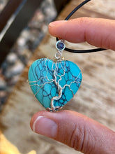 Load image into Gallery viewer, Blue (dyed) Magnesite tree of life with sapphire inclusion Wire wrapped pendant
