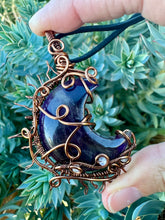 Load image into Gallery viewer, Reserved for halla l Amethyst Moon with Moonstone Gem inclusions Wire Wrapped Pendent Necklaces
